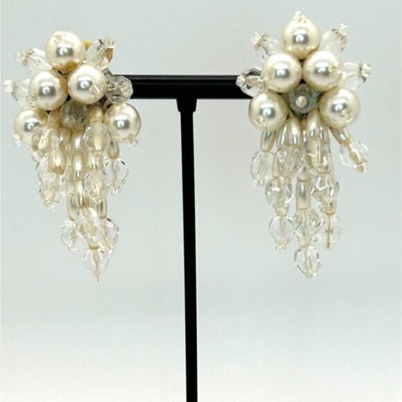 Vintage Clip-On Earrings Faux Pearls & Beaded Bridal Prom Formal Jewelry - Picture 14 of 16